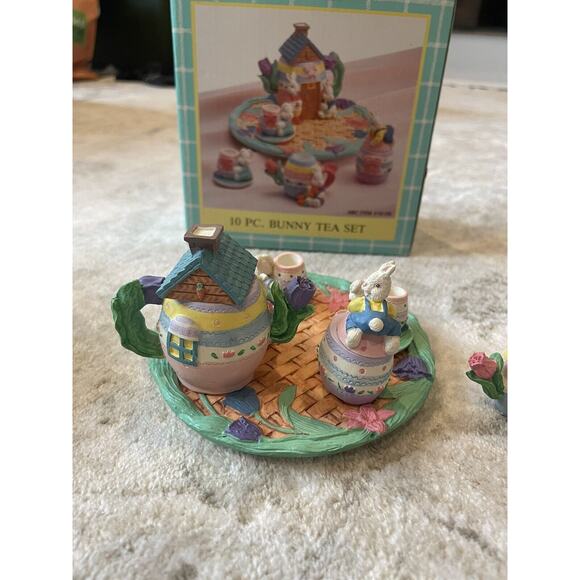 Vintage Miniature Tea Set Bunny Rabbit 10pcs Resin W/ Plate - Picture 6 of 8